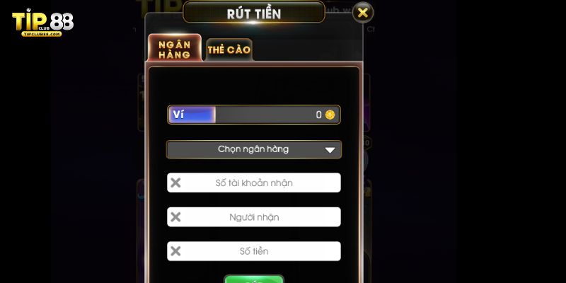 Quá trình thực hiện lệnh rút tiền Tipclub theo ngân hàng